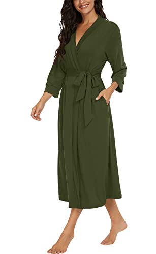 VINTATRE Women Kimono Robes Long Knit Bathrobe Lightweight Soft Knit Sleepwear V-neck Casual Ladies Loungewear Dark Green-Medium