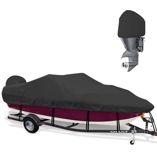 Mionovity 600D Heavy Duty Waterproof Boat Cover, Boat Cover 14-16 ft, Fits V-Hull, Tri-Hull, Fishing Boat, Pro-Style Bass Boat,14' 15' 16' Boat Covers with Outboard Motor Cover & Windproof Strap