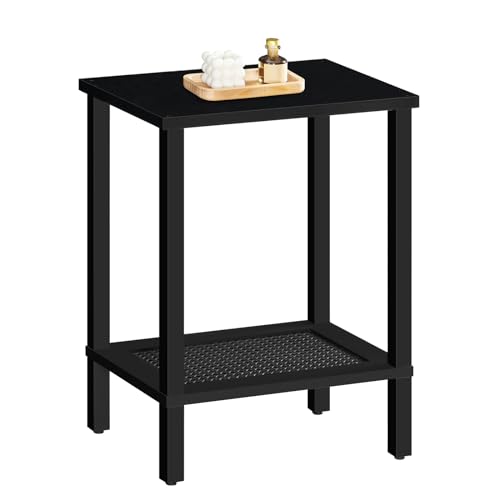 HOOBRO End Table, Small Side Table with 2-Tier Storage Shelves, Tall Nightstand with Faux Rattan Decoration, Sofa Table for Small Space, Beside Table for Living Room, Bedroom, Black BK91BZ01