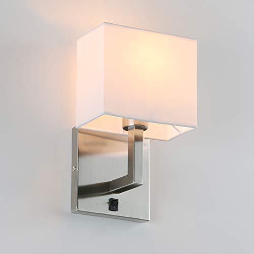PERMO Single Wall Sconce Light Fixture Brushed Finish with White Textile Shades and On/Off Switch Button Small Modern Nightstand Lamps for Bedrooms Bedside Reading