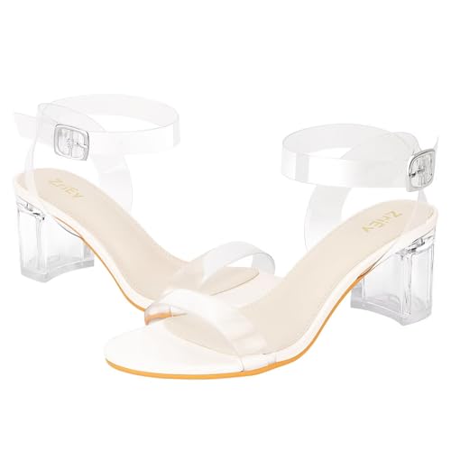 ZriEy Women's Clear Heels Clear Block Heeled Sandals Strappy Chunky 2.2 Inch Open Toe Adjustable Ankle Strap Pump Sandals for Weddings Parties Daily Wear Beige Size 6