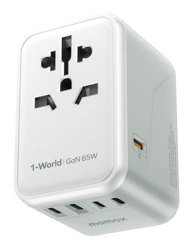 MOMAX Universal Travel Adapter, 70W GaN International Power Adapter, 3 USB-C & 2 USB-A, Worldwide Travel Plug Adapter, International Power Adapter for Most Europe, USA, Japan, Australia (Type C/A/G/I)