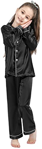 DF-deals Girls Boys Kids Silk Satin Pajamas Set Button-Down Clothes Long Sleeve Loungewear Sleepwear PJS Rose 140