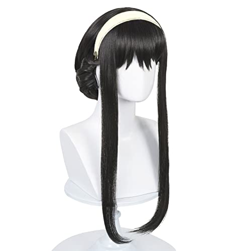 LABEAUTÉ Black Wig for with Bun Anime Straight Black Wig with Bangs Halloween Costume Party Wig + Wig Cap (Black)