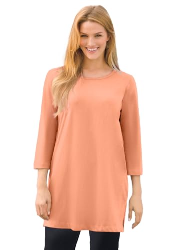 Woman Within Women's Plus Size Perfect Three-Quarter-Sleeve Scoopneck Tunic - 2X, Orange Melon