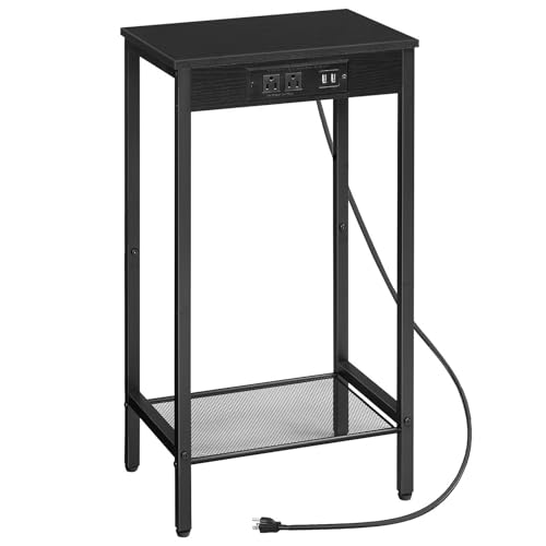 HOOBRO Tall Side Table with Charging Station, 28.7" H Industrial Telephone End Table, Small Entryway Table, Tall Bedside Table for Living Room, Hallway, Bedroom, Office, Black BB08UDH01