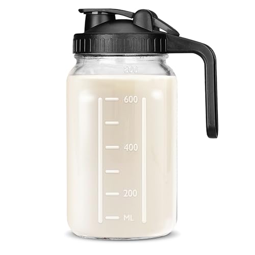 UYEIKMLOP 32 OZ Mason Jars with Lid, Glass Pitcher Double Leak Proof with Pour Spout Handle, 2 Quart Wide Mouth Breast Milk Pitcher for Fridge, Creamer Container for Coffee, Sun Tea(Black,1 Pack)