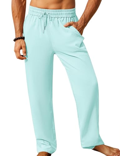 iWoo Men's Cotton/Linen Casual Pull On Pants Elastic Waist Cargo Pants Khaki S