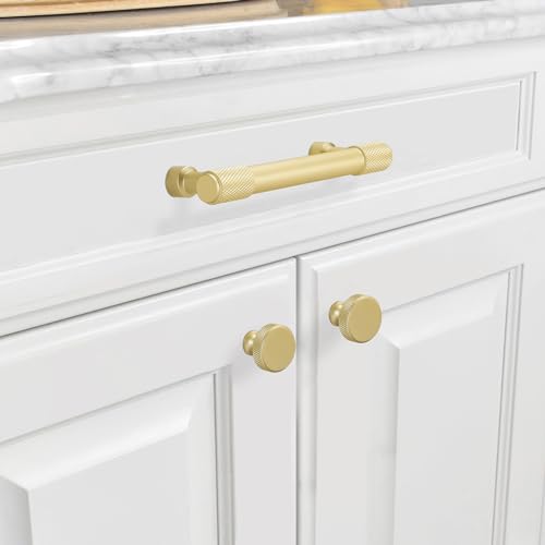 POVEFONK 10 Pack 5inch(128mm) Brushed Brass Kitchen Cabinet Handles Knurled Cabinet Pulls Gold Drawer Pulls Kitchen Cabinet Hardware Kitchen Handles Drawer Pulls Dresser Handles