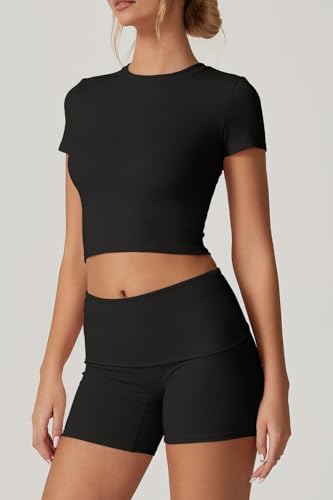 QINSEN Lounge Sets for Women 2 Piece Outfits Cropped Crew Neck Tops Fold Over Shorts Casual Loungewear Black S