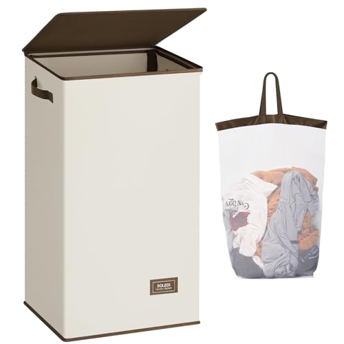 SOLEDI Slim Laundry Hamper with Lid, Narrow Laundry Basket with Removable Bags, Dirty Clothes Hamper with handle, Small Hamper perfect for Laundry room, Bathroom, Bedroom, Small spaces. 70L Black