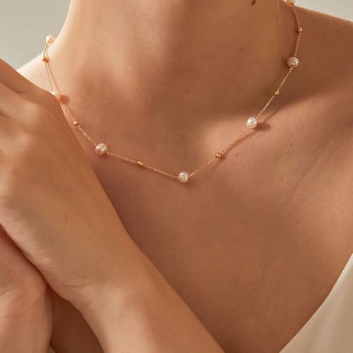 VRIUA Pearl Necklaces for Women, Gold Pearl Necklace 14k Gold Plated Dainty Pearl Necklace Everyday Minimalist Gold Necklace for Women