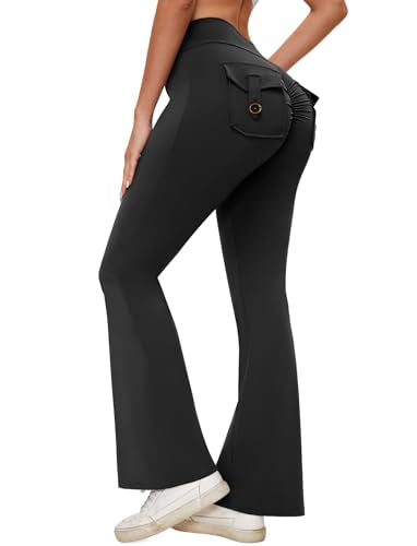 SEASUM Pocket Flare Leggings for Women V Waist Cargo Leggings High Waisted Yoga Casual Pants Bootcut Workout Pants Black S