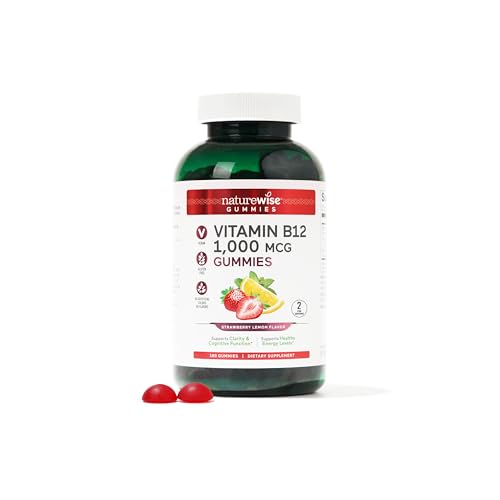 NatureWise Vitamin B12 Gummies for Adults, 1000 mcg - Strawberry Lemon Flavor - Supports Daily Energy, Mental Clarity, Cognitive Function - Vegan, Gluten-Free, Non-GMO - 180 Gummies[3-Month Supply]