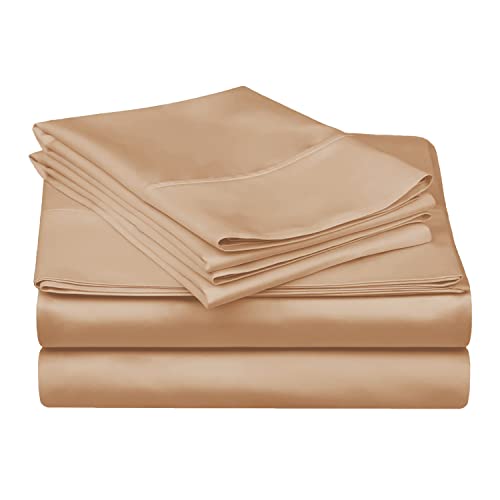 Superior Egyptian Cotton 300 Thread Count Bed Sheet Set, 1 Elastic Deep Pocket Fitted Sheets, 1 Flat Sheet, 2 Pillowcases, Soft Bedding, Luxury Sheets, Sateen Weave, King, Tan