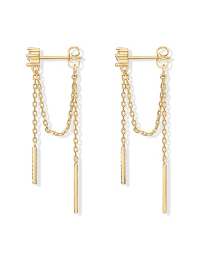 PAVOI 18K Yellow Gold Plated Sterling Silver Posts Drop Dangle Chain Earrings for Women | Dangling Chain Studs | Cubic Zirconia Ball Threader Earscapes Earrings