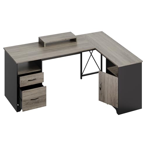 Bestier L Shaped Desk with File Drawers, 63" x 47" Office Computer Desk with Storage Cabinet, Corner Desk with Monitor Stand & Modesty Panel for Home Office, Cherry