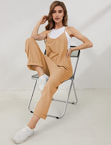 UANEO Women's Casual Jumpsuits Sleeveless Harem Stretchy Loose Overalls Romper Jumpers with Pockets (LightKhaki-L)