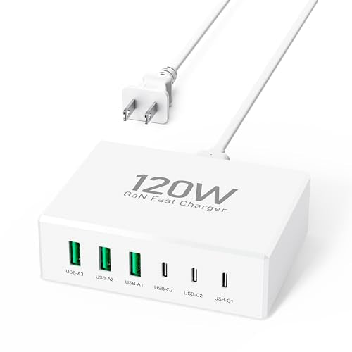 USB C Fast Charger Block,120W GaN 6 Ports PD Type C Wall Charging Station Hub for Multiple Devices,Super Fast USB A Charger Power Adapter Plug Box for iPhone16 15 14 13 12, AirPods4，watch10 ultra2