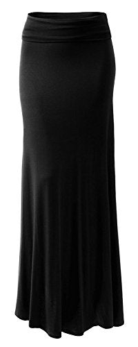 URBAN K Womens Basic Foldable High Waist Regular and Plus Size Maxi Skirts Black