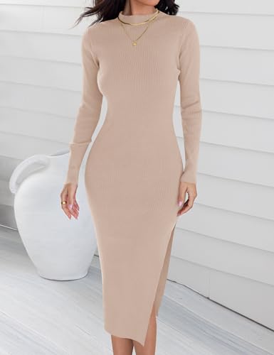 ZESICA Women's 2024 Ribbed Knit Dress Long Sleeve Mock Neck Slim Fit Side Slit Fall Elegant Sweater Dresses,Grey,X-Large