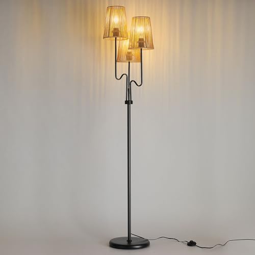 Rattan Floor Lamp, 68in. Boho Floor Lamps with Natural Shade, 3-Light Tree Lamp for Coastal, Beach or Bohemian Style Decor, E26 Socket, On/Off Footswitch Lamp for Living room, Bedroom (Bohemian-Black)