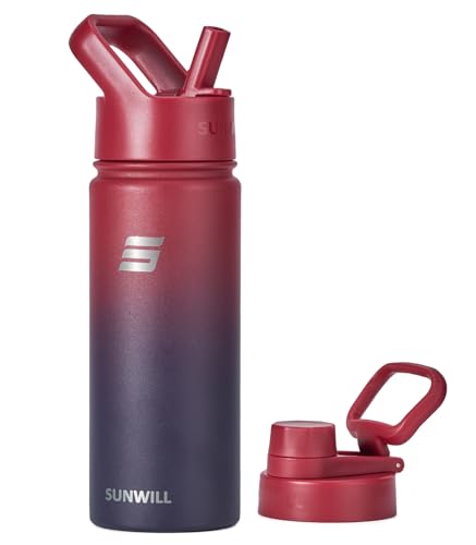 SUNWILL Insulated Water Bottle with Straw, Sports & Travel Water Bottle 22oz Double Walled Stainless Steel, Cup Holder Friendly, Reusable Thermal Wide Mouth Flask, Leak Proof BPA Free