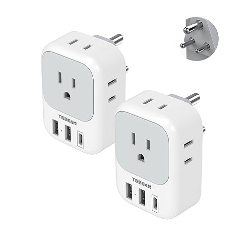 South Africa Plug Adapter 2 Pack, TESSAN Type M Power adapter with 4 AC Outlets 3 USB Ports(1 USB C), Travel Adaptor US to South Africa Botswana Zimbabwe Namibia Nepal