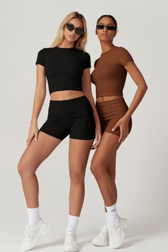 QINSEN Lounge Sets for Women 2 Piece Outfits Cropped Crew Neck Tops Fold Over Shorts Casual Loungewear Black S