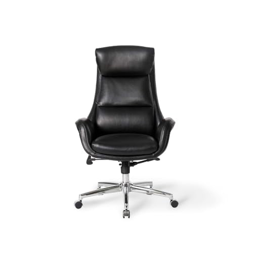 Glitzhome Mid-Century Modern Air Leatherette Adjustable Swivel High Back Office Chair, Black