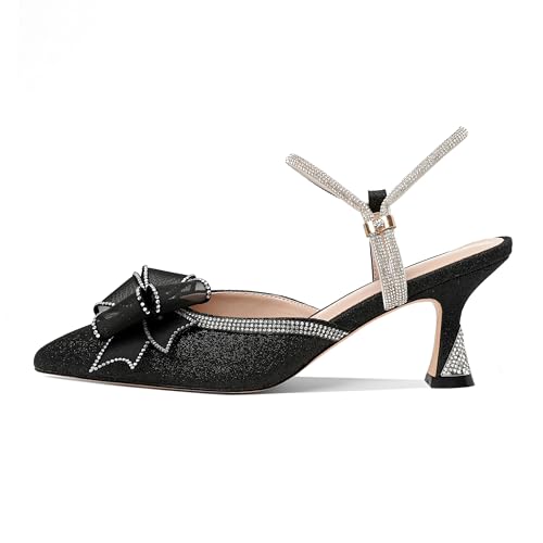AUMOTED Rhinestone Heels for Women Kitten Heel Sandals Pointed Toe Slip On Heeled Mule with Bow Sparkly Satin Dress Mesh 2.5 Inch Summer Heels Black US Size 8.5