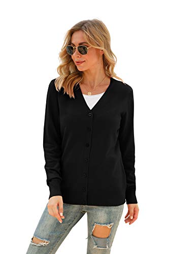 VIISHOW Women Long Sleeve Button Down V Neck Lightweight Basic Knit Sweater Cardigan, Plaid Red, Medium