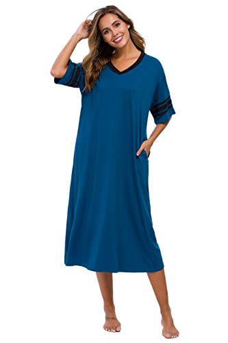 Vslarh Women's Nightgown Long Loungewear Short Sleeve Sleepshirt V Neck Pajama Dress with Pockets S-3XL