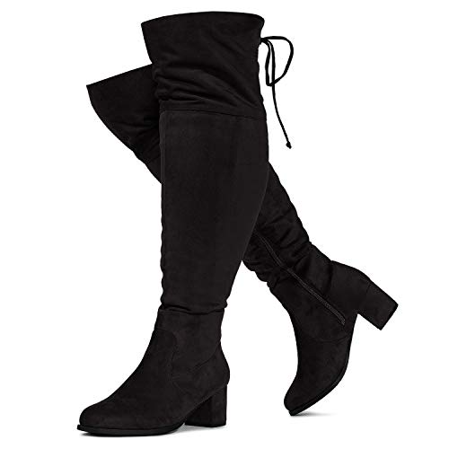 RF ROOM OF FASHION Women's Wide Calf Wide Width Chunky Heel Over The Knee Boots - Plus Size Friendly BLACK Size.5.5