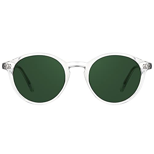 TIJN Vintage Small Round Sunglasses for Women Men,Stylish Polarized UV400 Colored Lens,Tinted Sun Glasses(Clear Frame,Green)