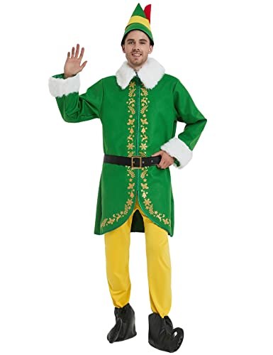 Wabolay Elf Costume Men Buddy Christmas Outfit Adult 5pcs Deluxe Suit Santa Couple Cosplay Holiday Halloween Xmas Party Full Set S
