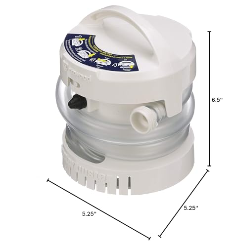 Attwood 4140-4 WaterBuster® Portable Pump, Submersible, Battery Powered, 200 GPH, 42-Inch Hose, 5 ¼-Inch Diameter