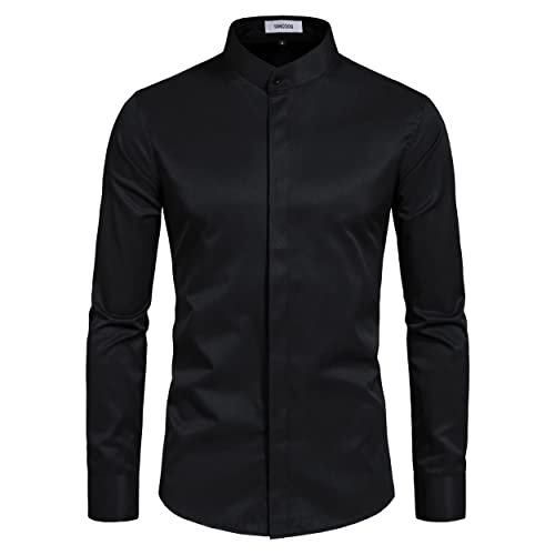VANCOOG Men's Banded Collar Solid Long Sleeve Interview Formal Fashion Tuxedo Shirt Camisas De Vestir para Hombres-Black-S
