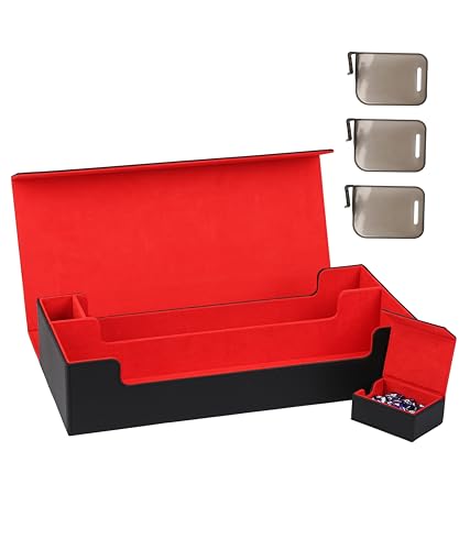 MTG Deck Box With Dice tray and playmat case and 3 card stoppers,Large Card Deck Box Fits 820+ Double Sleeved Cards or 200 toploaders,TCG Card Storage Box 5 in 1(Black＆Red)