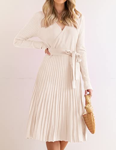 ZESICA Women's 2024 Fall Long Sleeve Wrap V Neck Ribbed Knit Pleated A Line Pullover Sweater Dress with Belt,Maple,Large