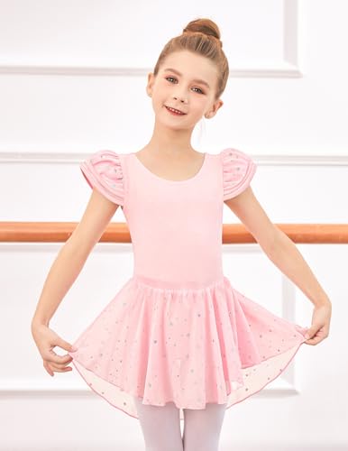 Zaclotre Girls Ballet Leotards with Removable High Low Skirt Toddler Ruffle Sleeve Hollow Back Dance Outfit Combo Hot Pink