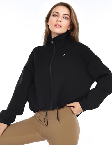 Orolay Women's Full Zip Sweatshirt - Long Sleeve Cropped Jacket Stand Collar Drawstring Casual Outerwear Black X-Small