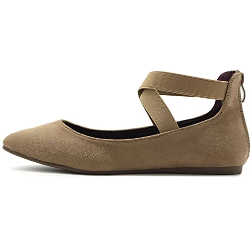 Ollio Women's Faux Suede Elastic Ankle Strap Pointed Toe Ballet Flats F167 (6.5 B(M) US, Beige)