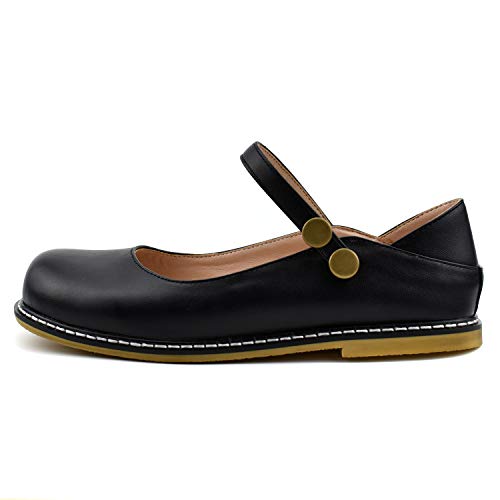 100FIXEO Women Buckle Ankle Strap Mary Jane Flat Shoes (6, Black)