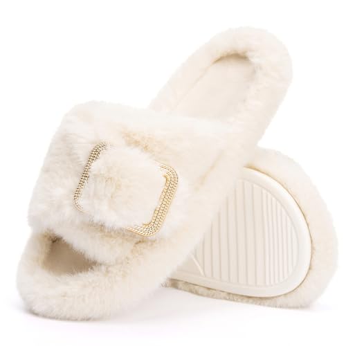 GOEWY Fuzzy Slippers for Women Indoor Outdoor Fluffy House Womens Slippers with Memory Foam Anti-Skid Sole Gifts for Mom Ladies