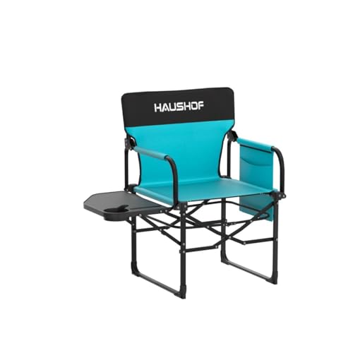 HAUSHOF Camping Chair with Side Table and Storage Pockets, Portable Folding Directors Chair, Heavy Duty Camp Chair for Adults Outdoor Fishing Beach, Green