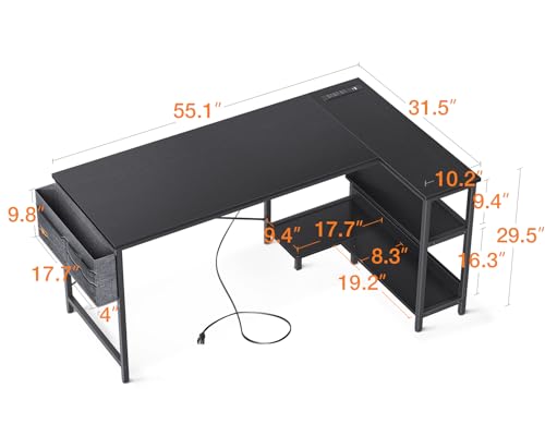 ODK 40 Inch Small L Shaped Gaming Computer Desk with Power Outlets, Reversible Storage Shelves & PC Stand for Home Office, Simple Writing Study Table with Storage Bag for Small Space, Black