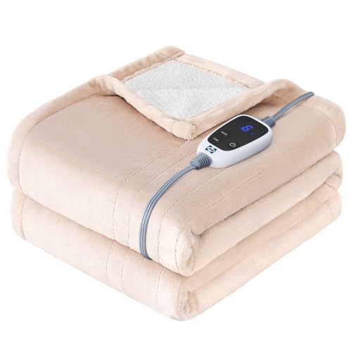 Sealy Heated Blanket Electric Throw, Flannel & Sherpa Heating Throw with 6 Heat Settings & 2-10 Hours Auto Shut Off, Fast Heating & ETL Certification, 50x60 Inch, Beige