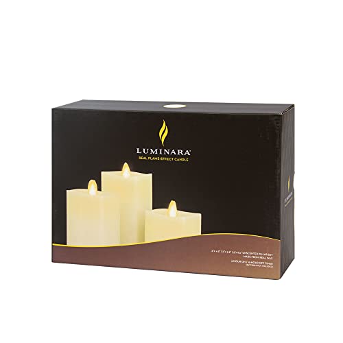 Luminara Realistic Artificial Moving Flame Pillar Candles - Set of 3 - Melted Top Edge, LED Battery Operated Lights - Unscented - Remote Included- 3" x 4.5", 3" x 5.5", 3" x 6.5" (White)