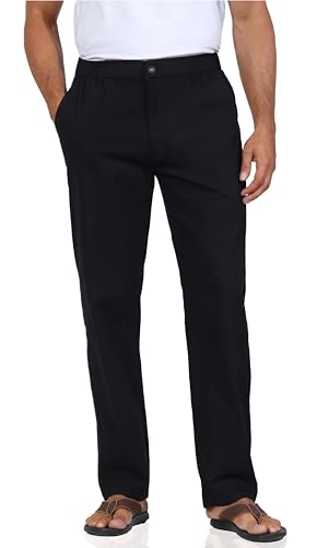 Soojun Men's Casual Linen Blend Relaxed Fit Straight Legs Elastic Waist Pants, Yellow Khaki, 36W x 30L
